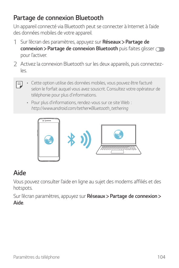 Partage de connexion BluetoothUn appareil connecté via Bluetooth peut se connecter à Internet à l’aidedes données mobiles de vot