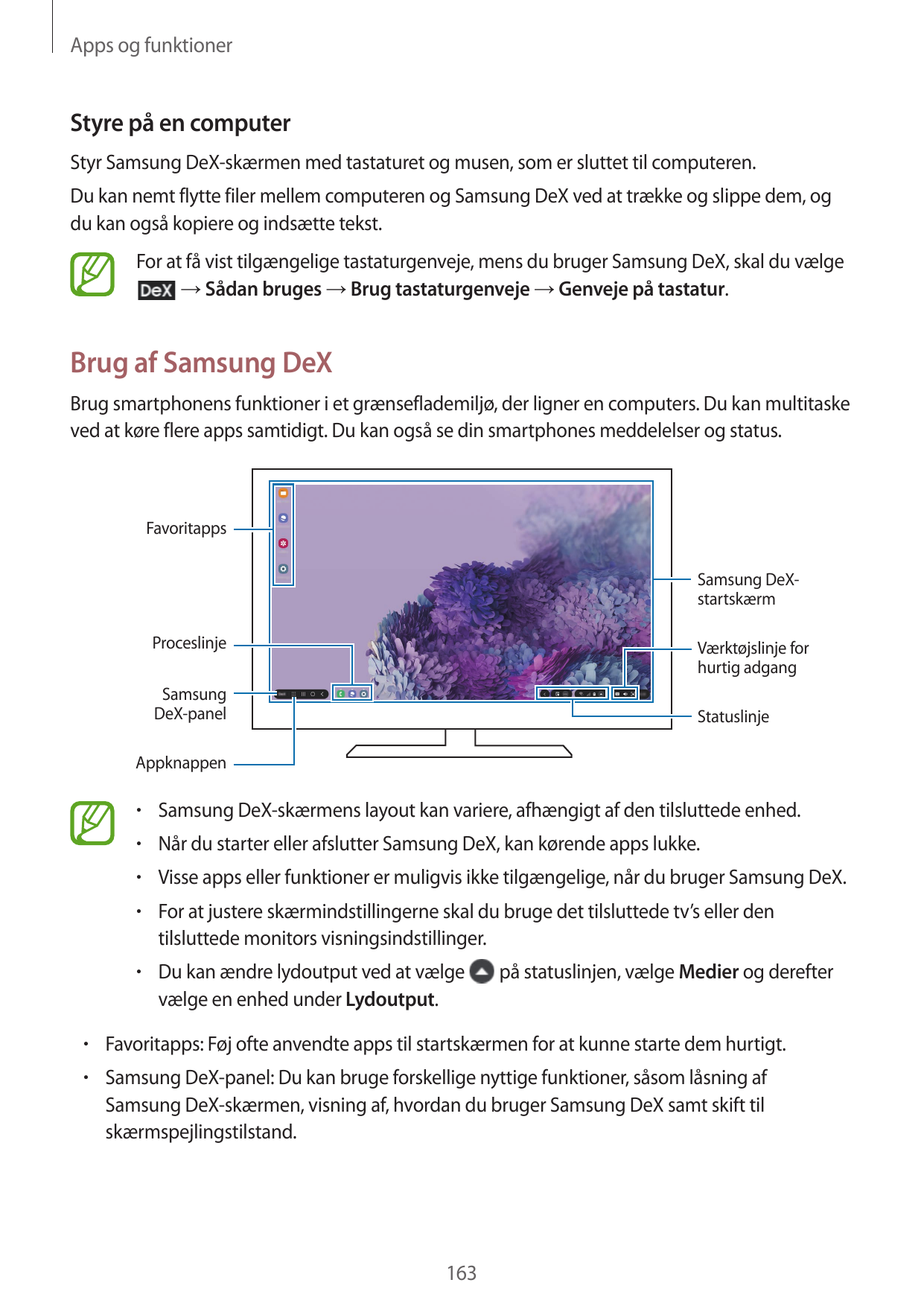 Apps og funktionerStyre på en computerStyr Samsung DeX-skærmen med tastaturet og musen, som er sluttet til computeren.Du kan nem