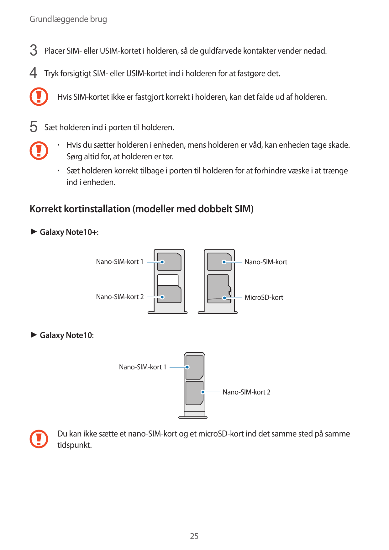 Grundlæggende brug3 Placer SIM- eller USIM-kortet i holderen, så de guldfarvede kontakter vender nedad.4 Tryk forsigtigt SIM- el