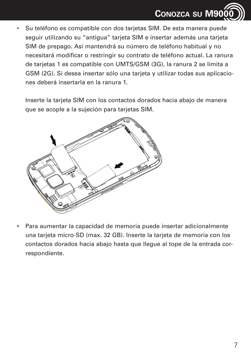 CONOZCA•SUM9000Su teléfono es compatible con dos tarjetas SIM. De esta manera puedeseguir utilizando su “antigua” tarjeta SIM e 