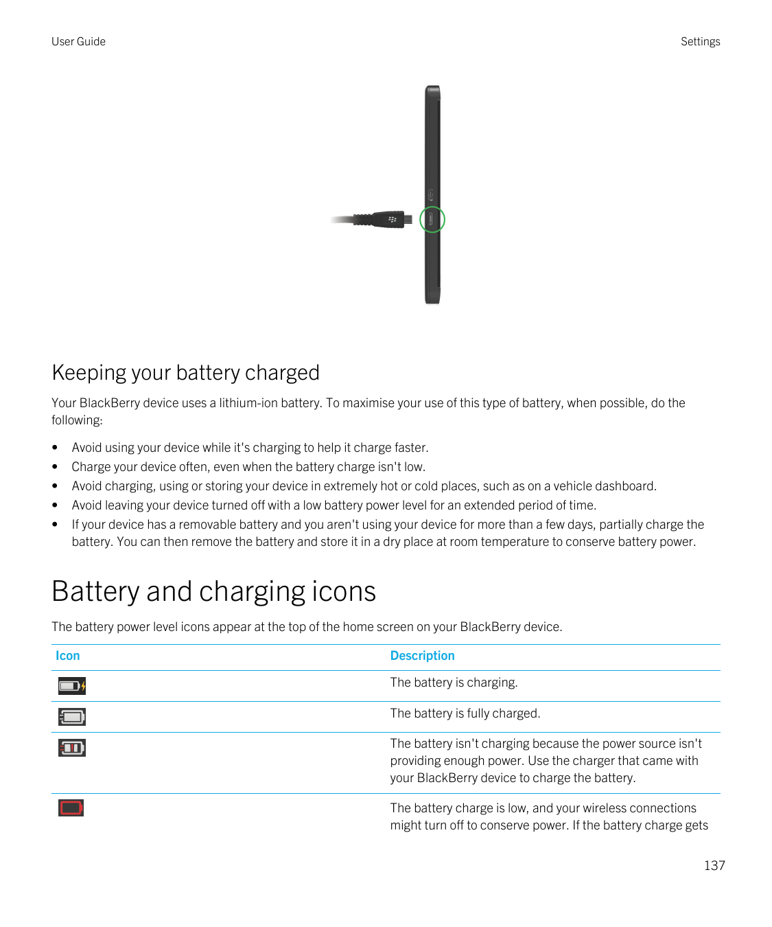 User GuideSettingsKeeping your battery chargedYour BlackBerry device uses a lithium-ion battery. To maximise your use of this ty
