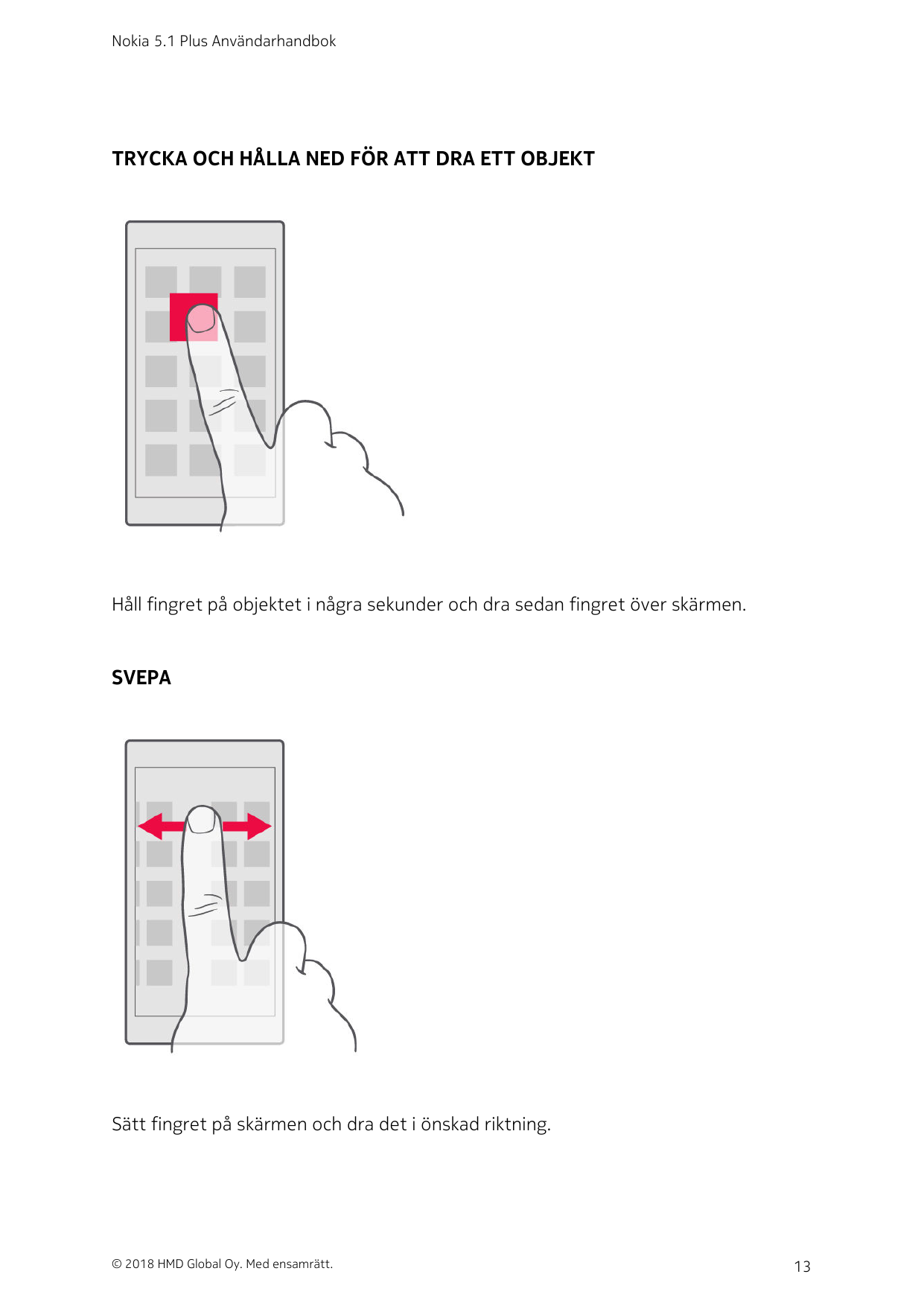 Nokia 5.1 Plus AnvändarhandbokTRYCKA OCH HÅLLA NED FÖR ATT DRA ETT OBJEKTHåll fingret på objektet i några sekunder och dra sedan