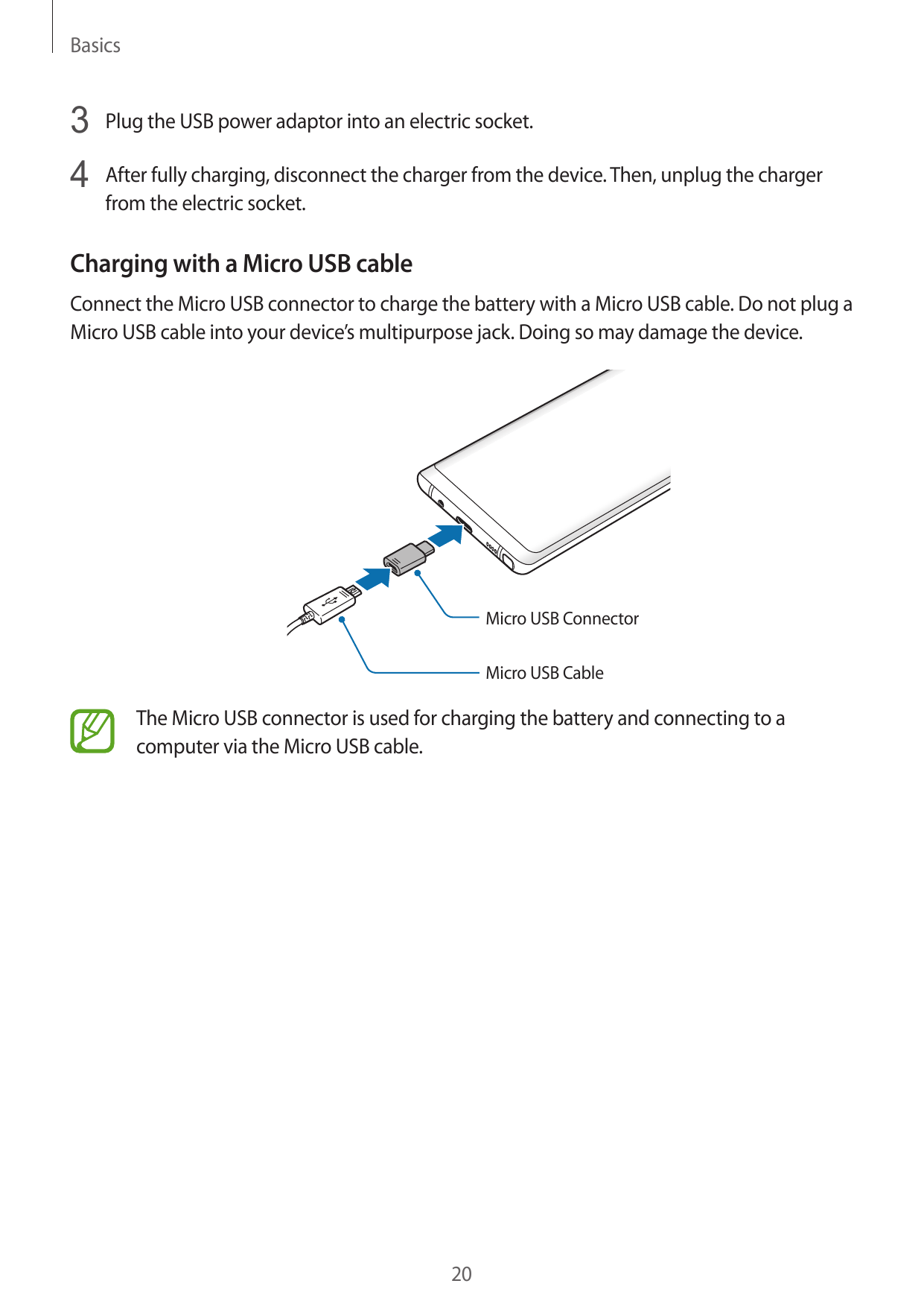 Basics3 Plug the USB power adaptor into an electric socket.4 After fully charging, disconnect the charger from the device. Then,