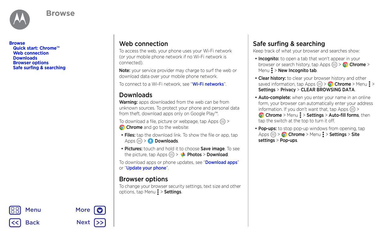 BrowseBrowseQuick start: Chrome™Web connectionDownloadsBrowser optionsSafe surfing & searchingWeb connectionSafe surfing & searc