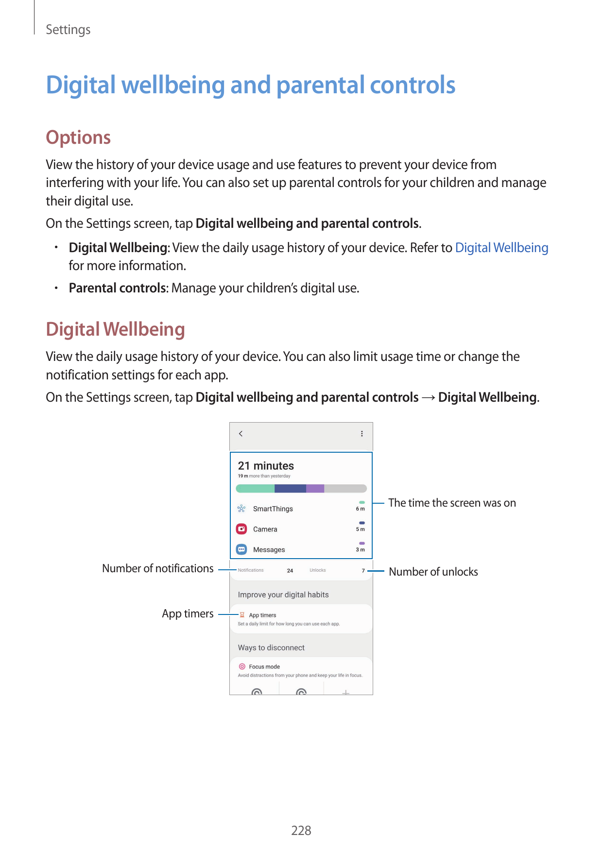 SettingsDigital wellbeing and parental controlsOptionsView the history of your device usage and use features to prevent your dev