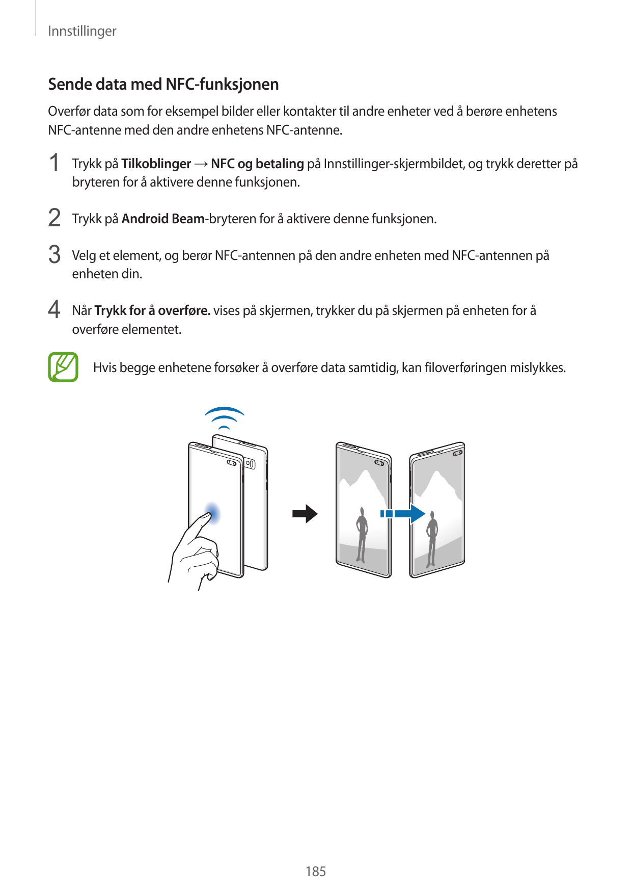 InnstillingerSende data med NFC-funksjonenOverfør data som for eksempel bilder eller kontakter til andre enheter ved å berøre en