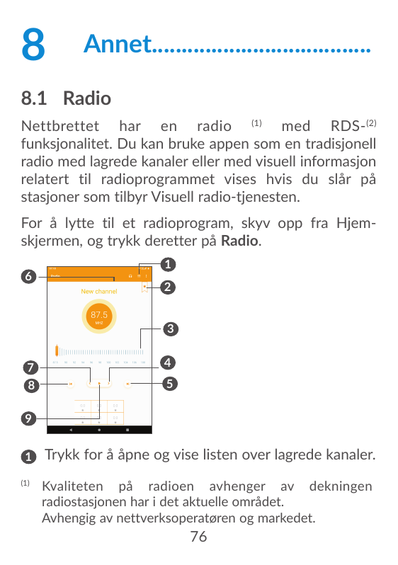 8Annet......................................8.1 RadioNettbrettet har en radio (1) med RDS- (2)funksjonalitet. Du kan bruke appen