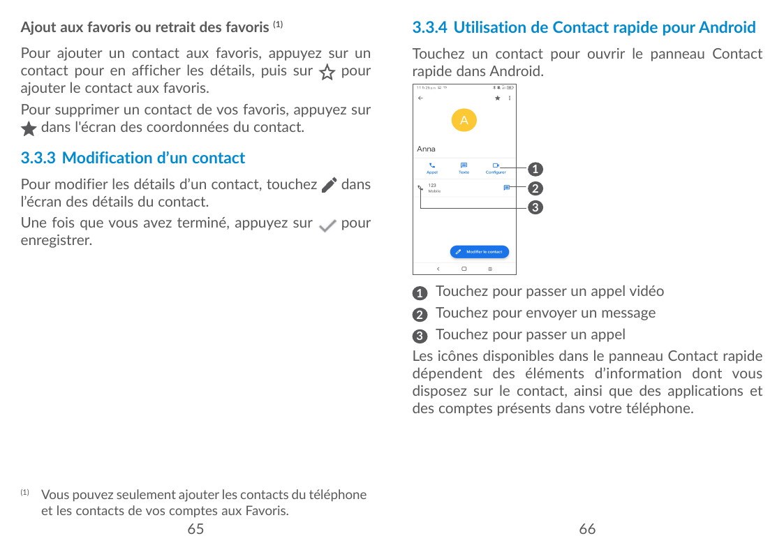 Ajout aux favoris ou retrait des favoris (1)3.3.4 Utilisation de Contact rapide pour AndroidPour ajouter un contact aux favoris,